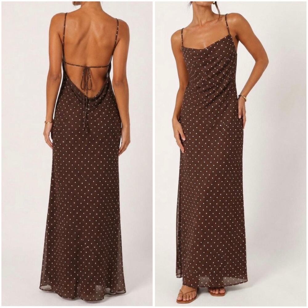 Camila Coelho Polka Dot Maxi Dress Draped Spaghetti Strap Open Back Backless